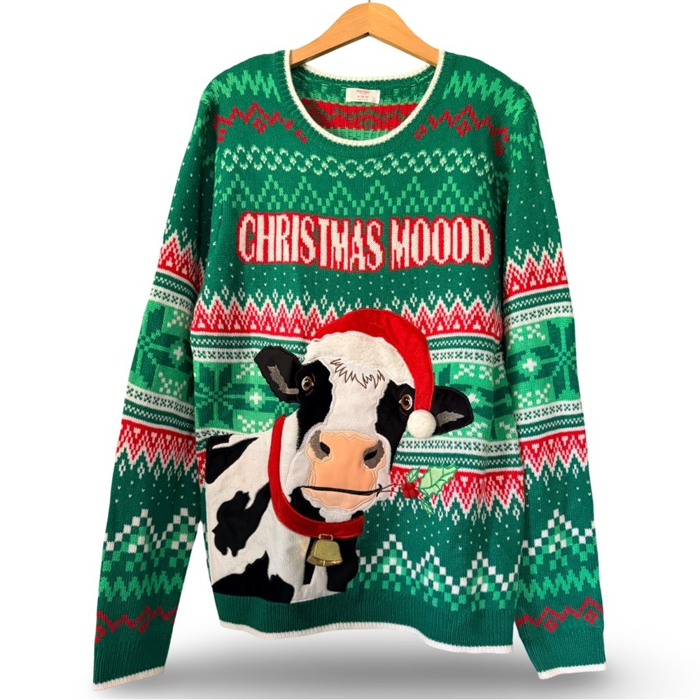 Holiday Time Christmas Moo Cow Ugly Sweater Green Red Medium M (38-40)